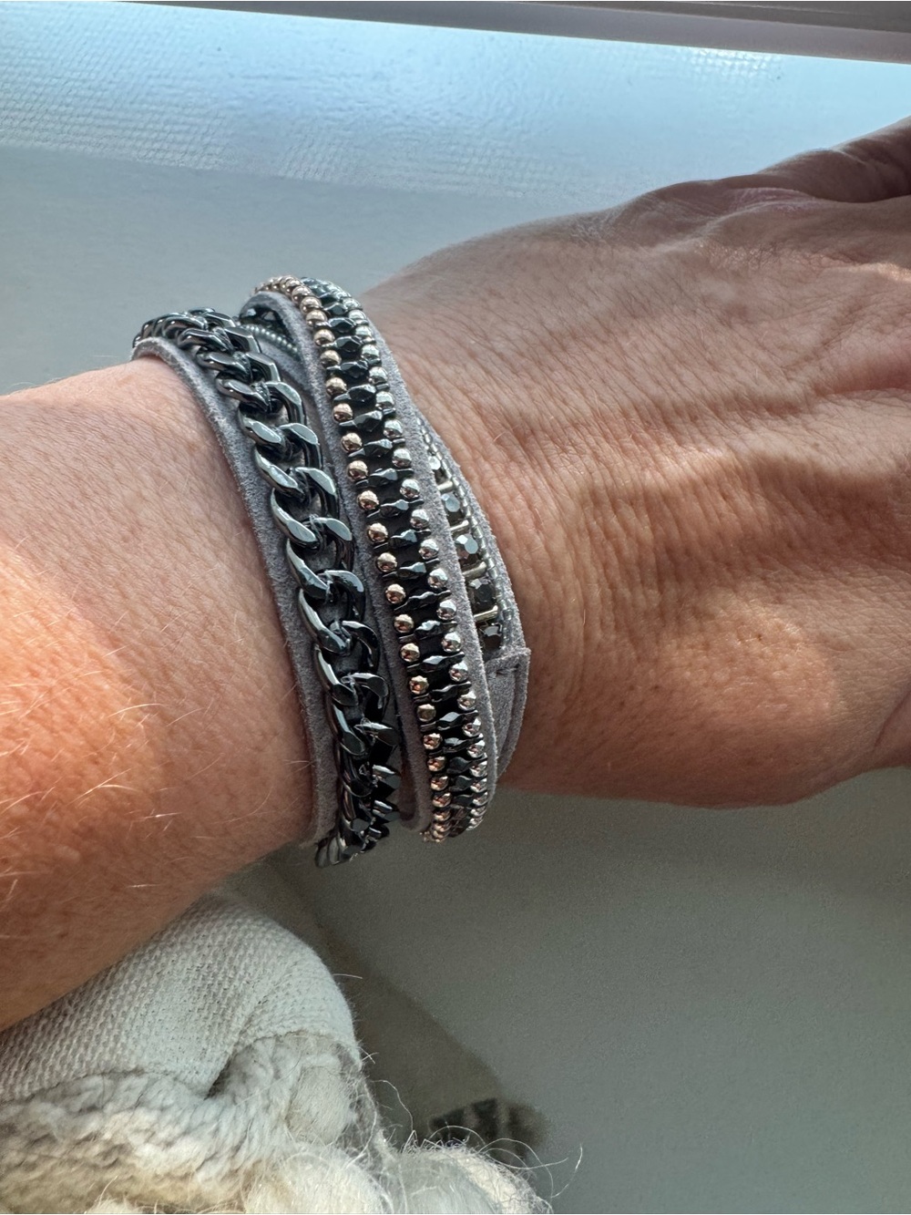 Stella & Dot Wrap Grey Suede, mixed metal Bracelet with adjustable snap closure.